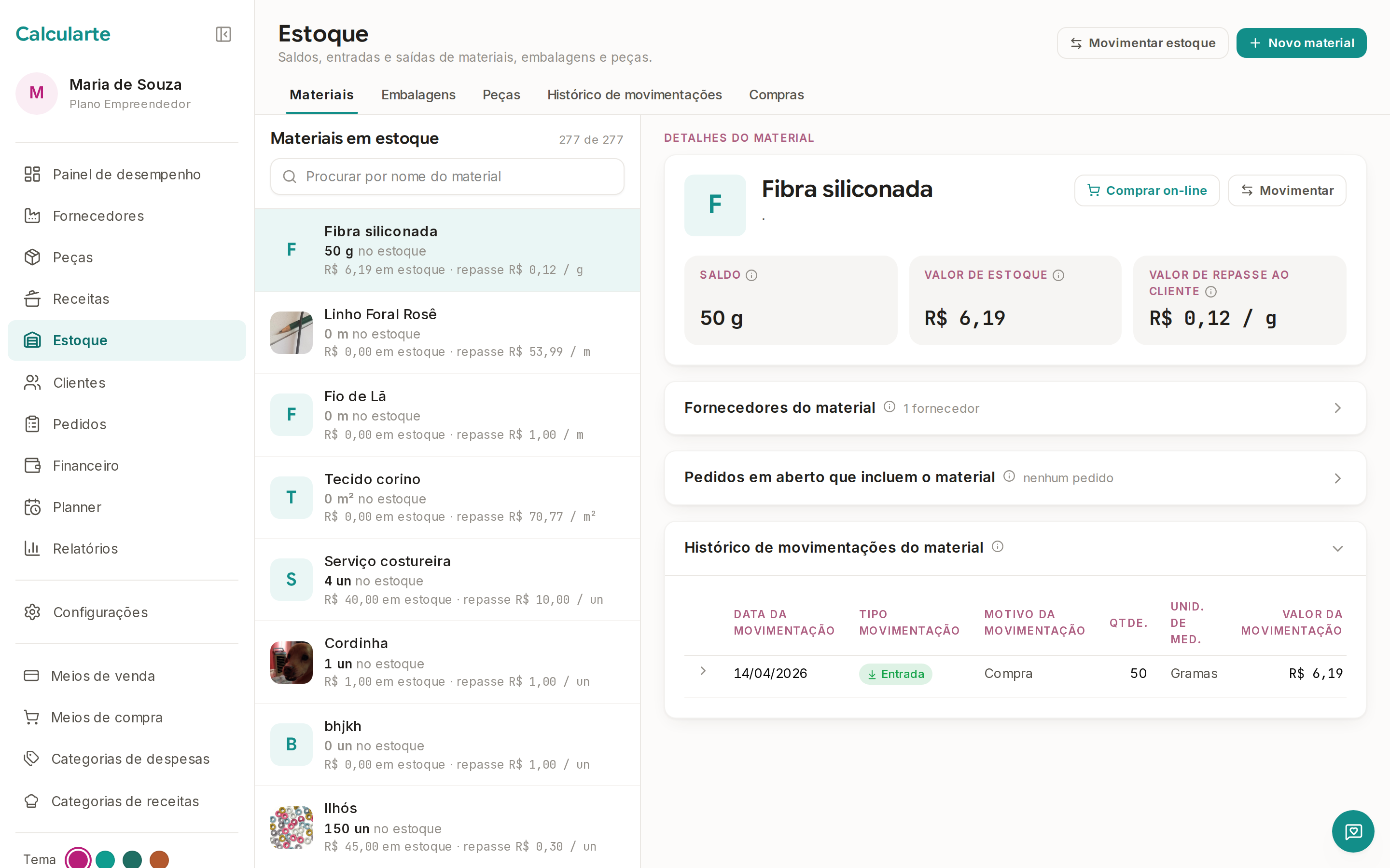 Tela do Calcularte: Estoque
